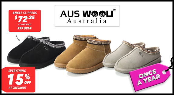 Shop the Aus Wooli Sheepskin Uggs & Slippers - Everything 15% off at Checkout sale