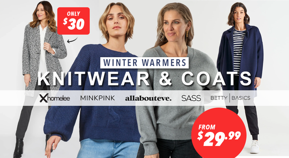 Shop the Winter Warmers - Knitwear & Coats Huge Deals from $29.99! sale